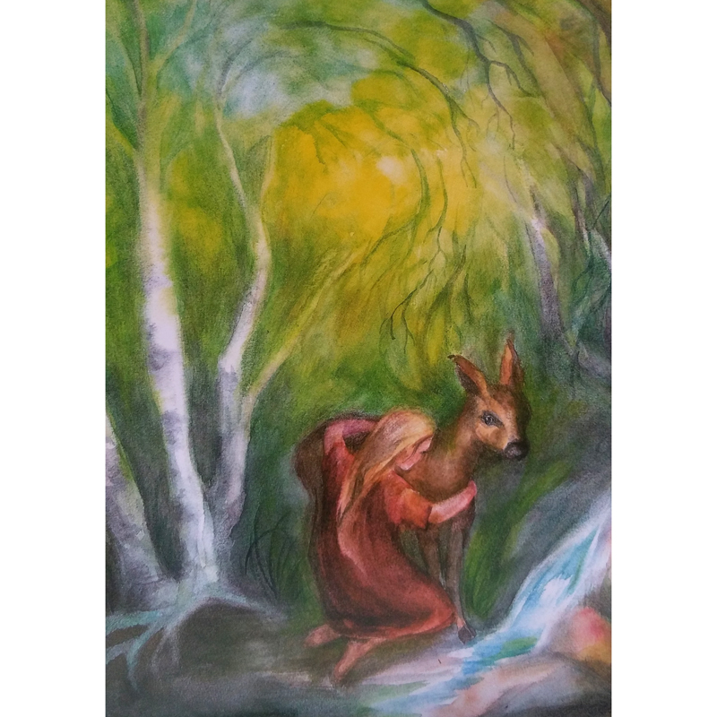 Cartolina: Bambina e Cervo nel bosco di betulle