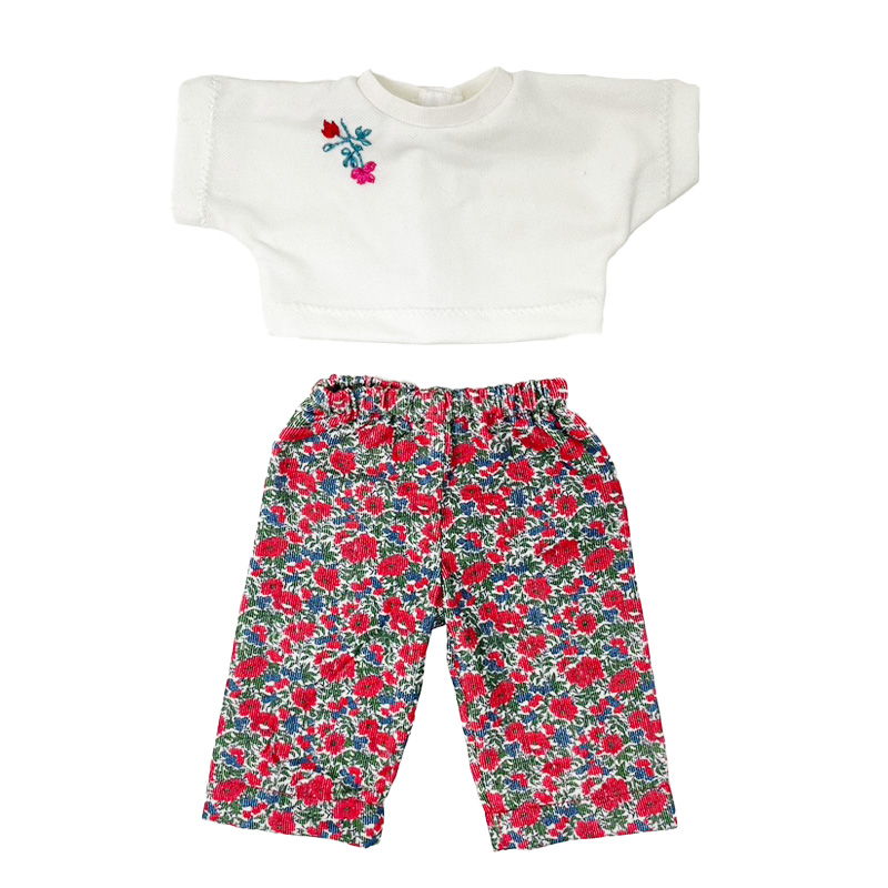 Pantaloni a fiori e maglietta ricamata con roselline - per bambole