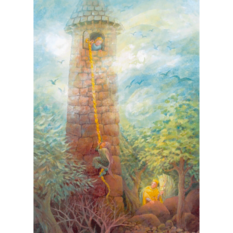 Cartolina: Raperonzolo in cima alla torre