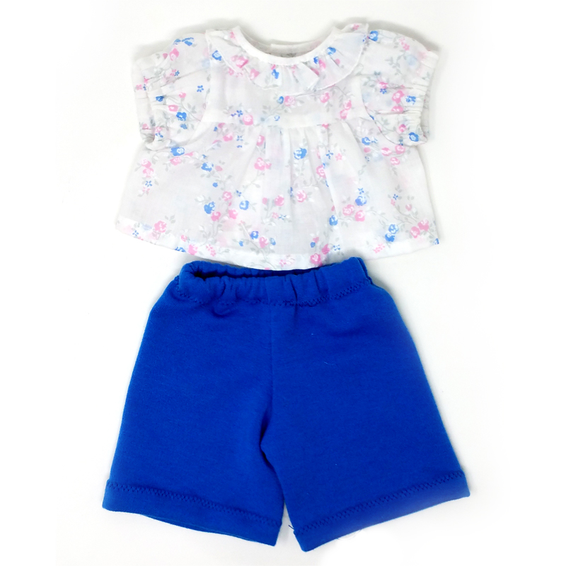 Pantaloni blu e camicetta con fiorellini rosa e azzurri - per bambole