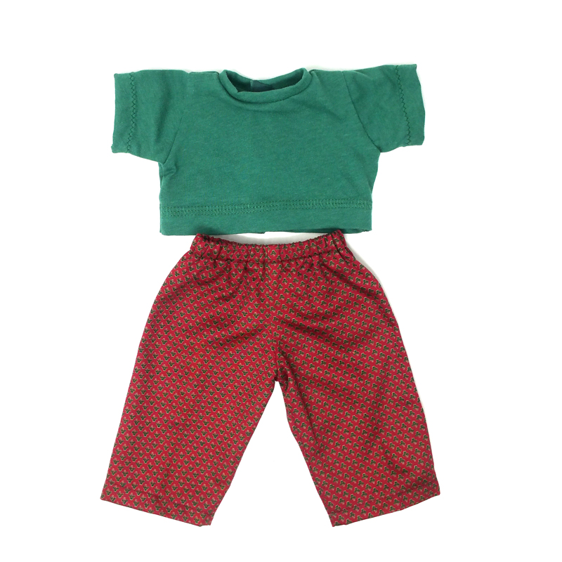 Pantaloni rossi fantasia e maglietta verde - per bambole