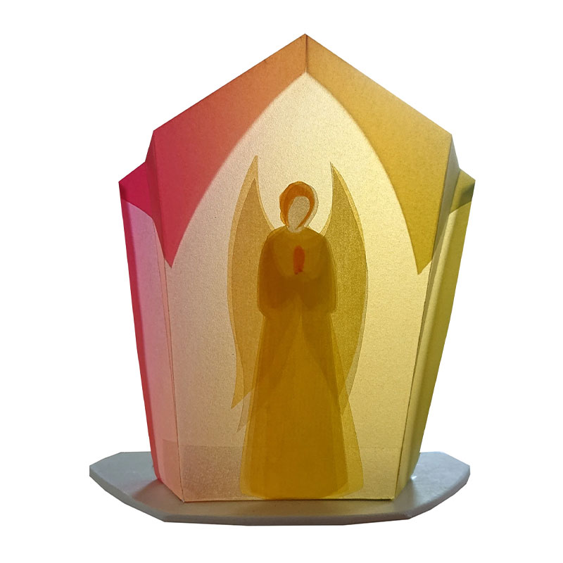 Piccola finestra trasparenze con base in legno - Angelo giallo e rosso 
