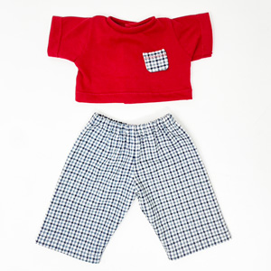 Pantaloni a scacchi e maglietta rossa con taschina a scacchi - per bambole
