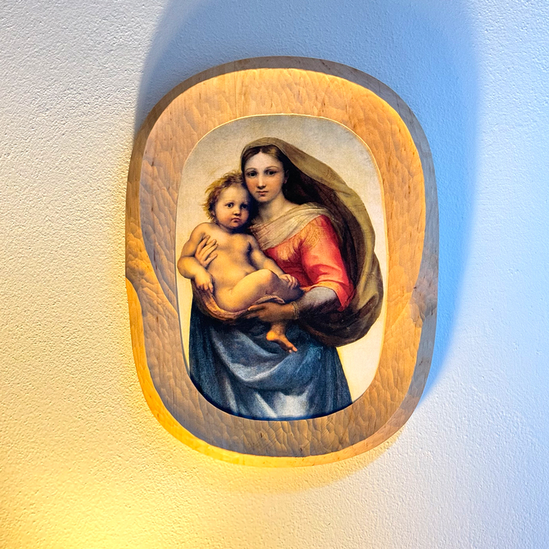 Quadro della Madonna sistina A4 dettaglio con cornice in legno intagliato