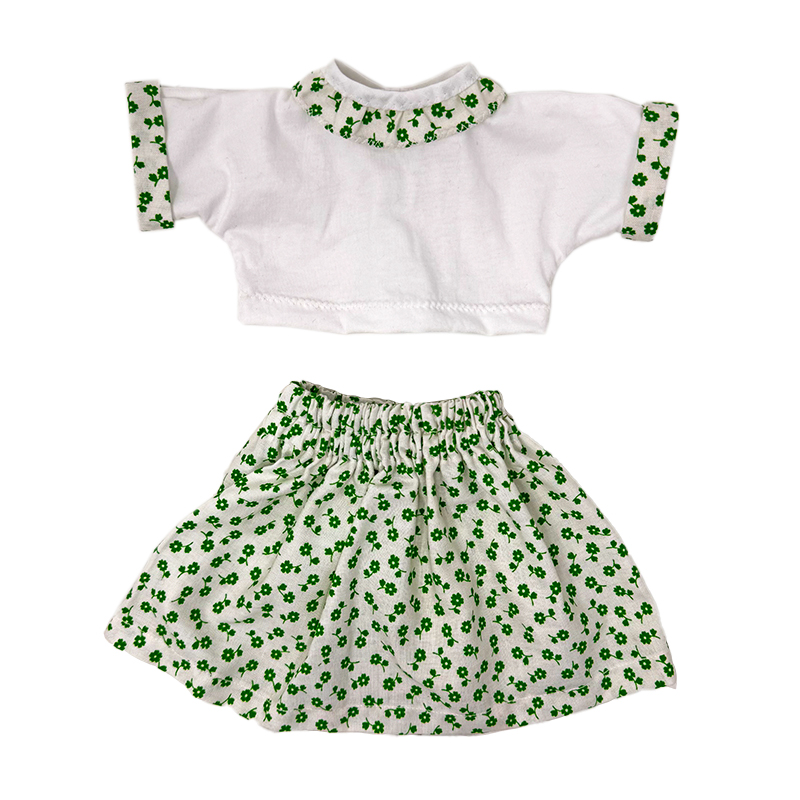 Gonna con fiori e maglietta bianca con fiori verde - per bambole 