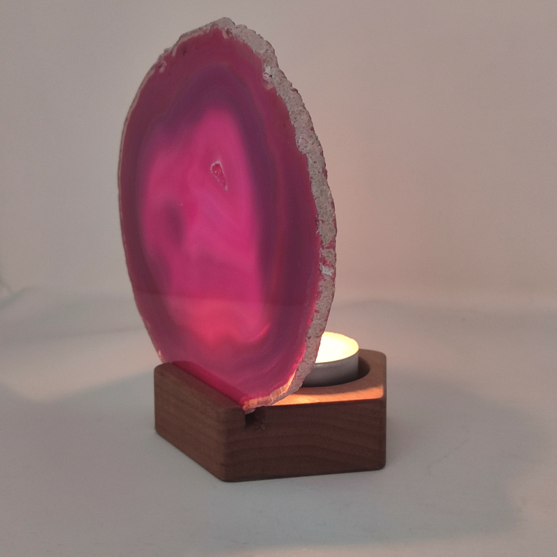 Porta minerale con candela e fetta di Agata - Rosa grande (rotondo)