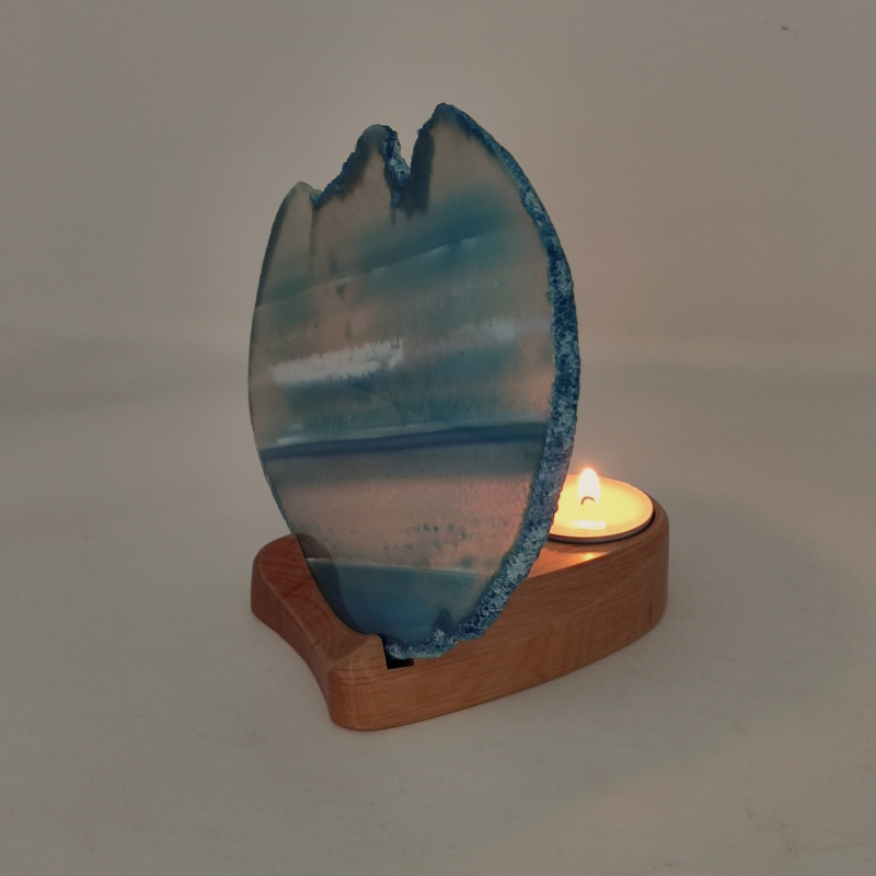 Porta minerale ovale con candela e fetta di Agata - Blu grande