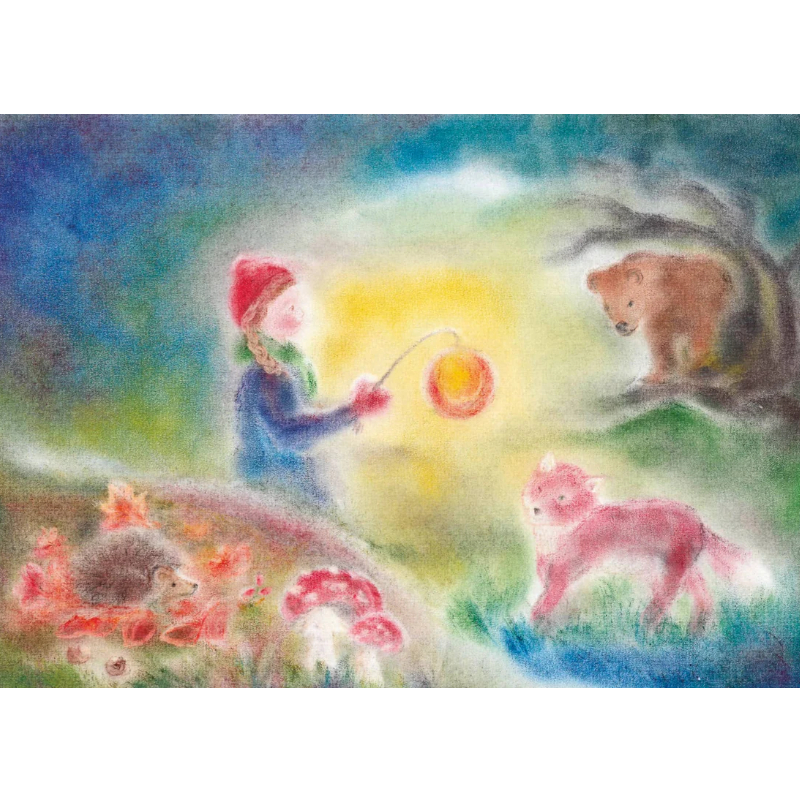 Cartolina: Bambina con la lanterna nel bosco