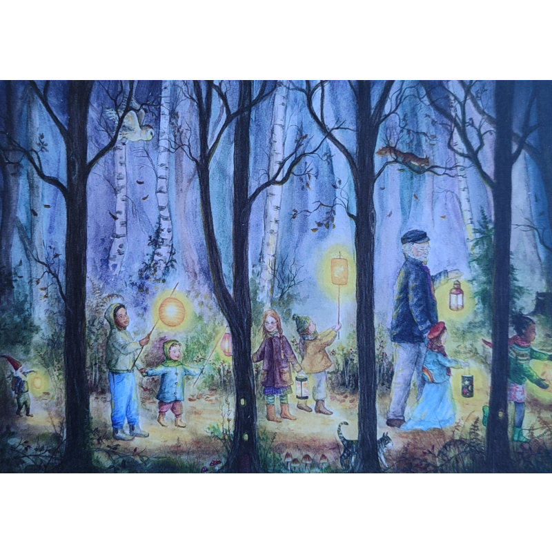Cartolina: Lanternata nel bosco illustrazione di Mhairi