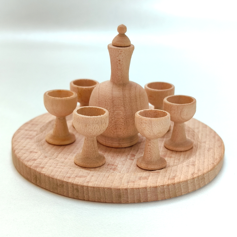 Mini kit vassoio, bicchiere e bottiglia in legno - per bambole