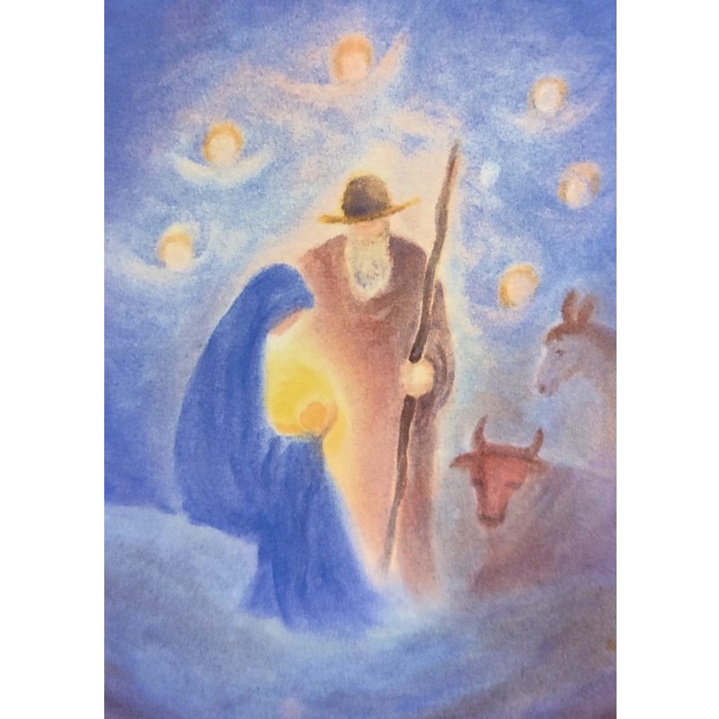 Cartolina: La sacra famiglia e gli angeli a Natale