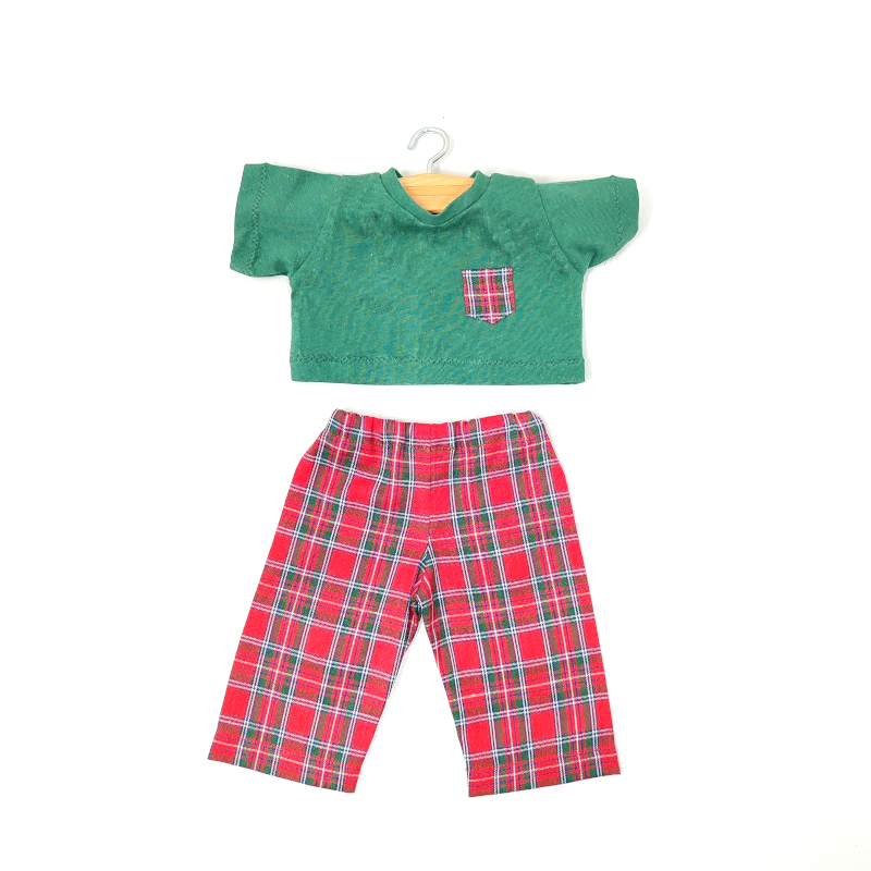 Pantaloni a scacchi e maglietta verde con taschino - per bambole
