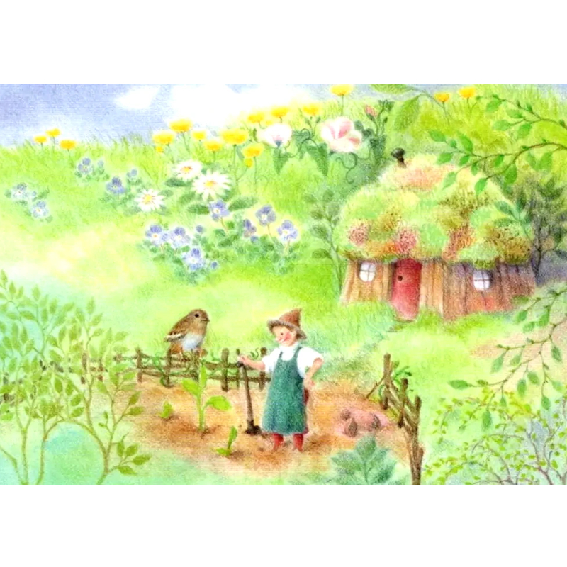 Cartolina: Nanetto giardiniere nell'orto