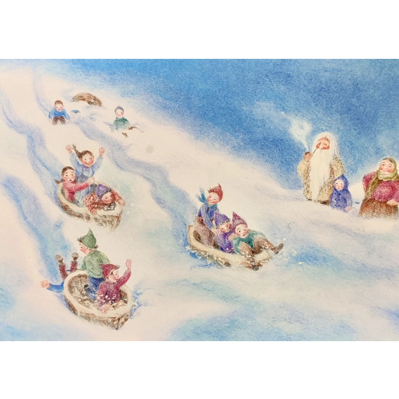 Cartolina: Gara di slittino dei nanetti nei gusci di noce