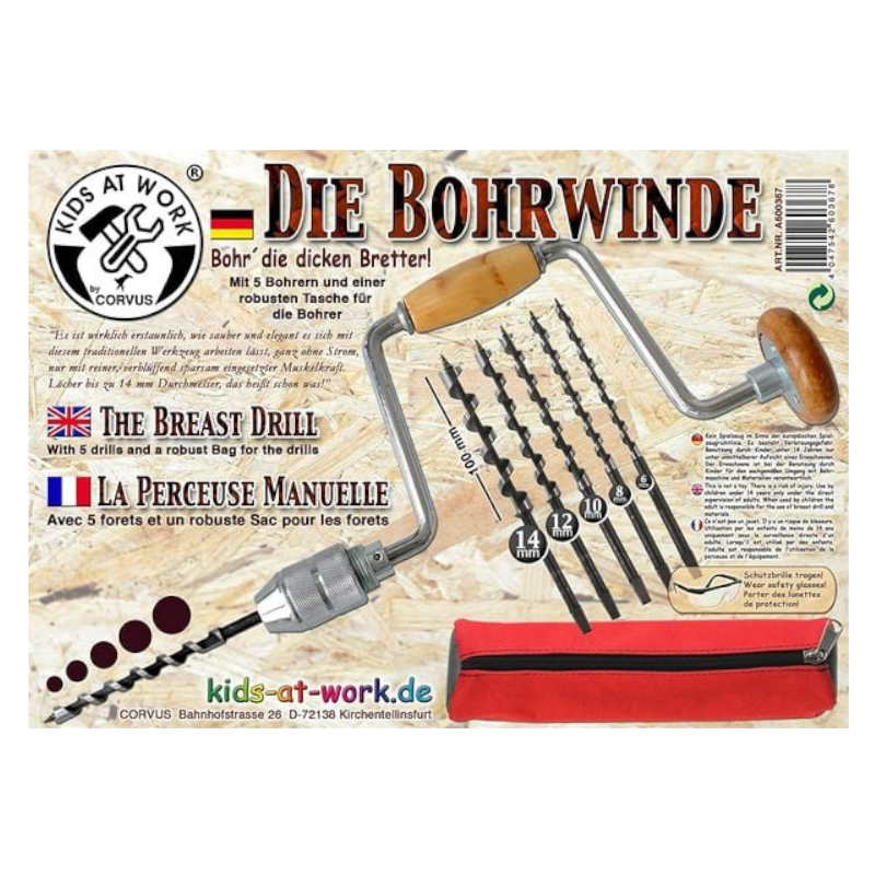 Trapano manuale a manuvella con 5 punte diverse e borsa porta oggetti