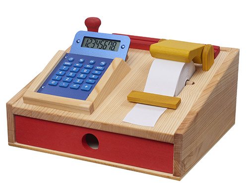 Registratore di cassa in legno con calcolatrice
