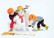 Cartolina: I bambini e il pupazzo di neve