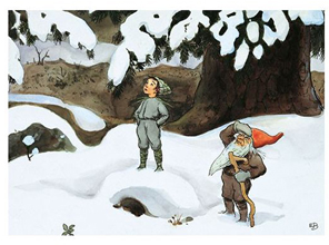 Cartolina: Nanetto e bimbo pigna nel bosco invernale