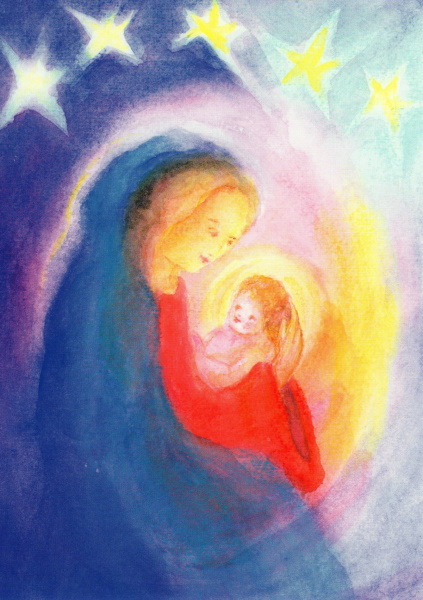 Cartolina: Madonna con bambino nel cielo stellato