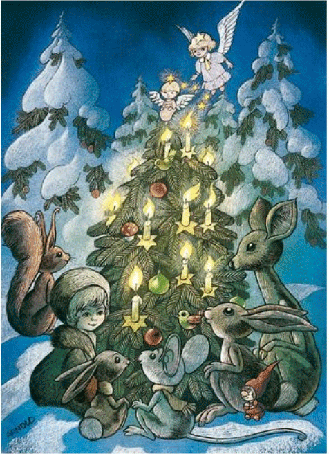 Cartolina: Coniglietti attorno all'albero di Natale
