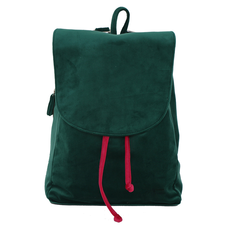 Zainetto verde in ciniglia con laccetti rosa e tasche 