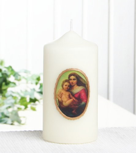 Candela bianca con l'immagine della Madonna sistina 12x6 cm