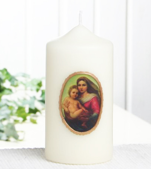 Candela bianca con l'immagine della Madonna sistina 15x7 cm