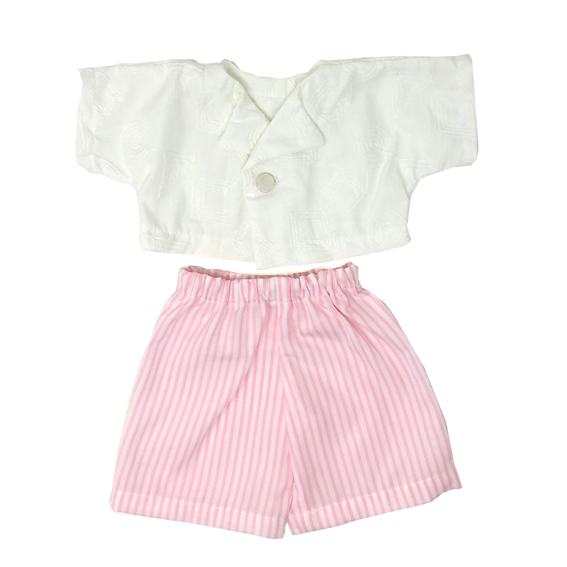 Camicetta bianca con ricami e gonna pantaloni a righe rosa e bianche - per le bambole 