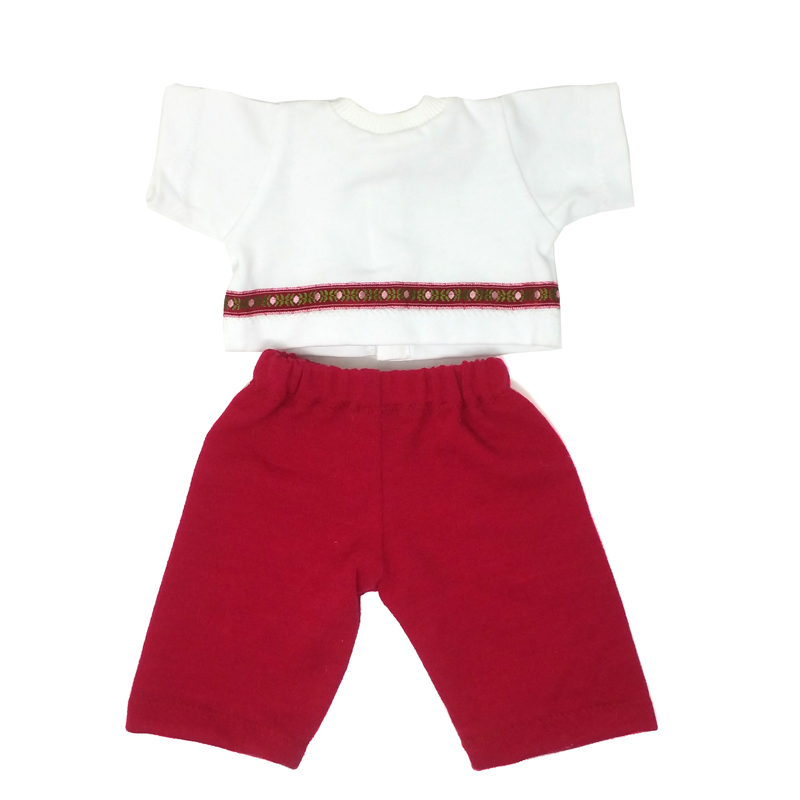 Pantaloni rossi e magliettina bianca con fantasia rossa - per bambole