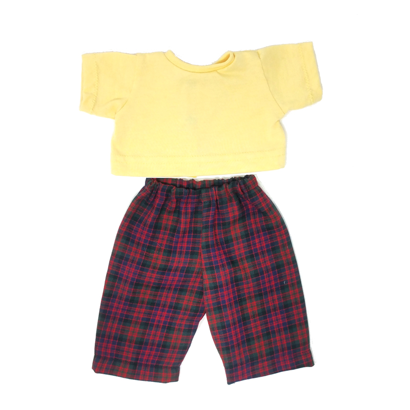 Pantaloni scozzesi e magliettina giallo pastello- per bambole